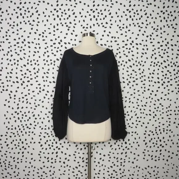 Free People Navy Mixed Media Light Magic Henley Balloon Sleeve Top - Picture 3 of 12
